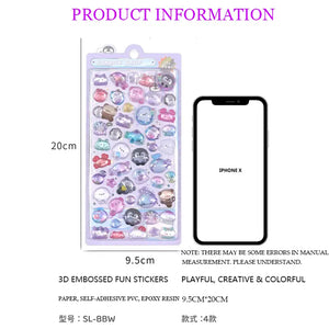 Product information and size comparison display of "BONBON DROP" 3D crystal puffy sticker sheet (20cm×9.5cm) with iPhone X, including material and model details