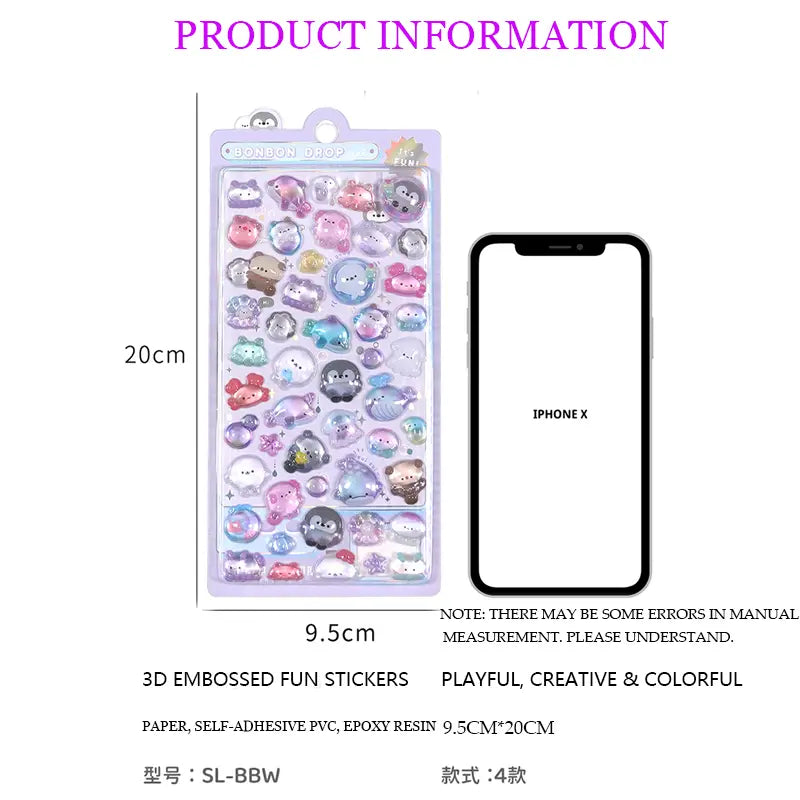 Product information and size comparison display of "BONBON DROP" 3D crystal puffy sticker sheet (20cm×9.5cm) with iPhone X, including material and model details