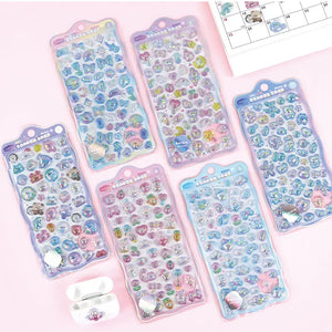 Collection of 3D crystal puffy "BONBON DROP" sticker sheets with adorable iridescent pet designs, in pastel purple and blue color schemes