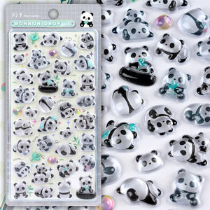 Bonbon Drop cute kawaii sticker sheet with glossy jelly-style giant panda character designs, perfect for DIY phone case decoration.