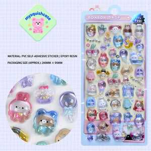 BONBON DROP 3D crystal sticker sheet with mixed cute animal patterns (rabbit, bear, cat), PVC self-adhesive, size 200×95mm