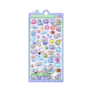 Full display of "BONBON DROP" 3D crystal puffy sticker sheet with adorable pet and candy designs in pastel green and blue tones