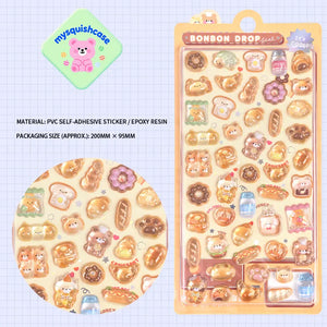 BONBON DROP 3D crystal sticker sheet with cute bear & bread patterns, PVC self-adhesive, size 200×95mm