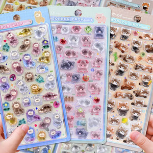 Collection display of multiple BONBON DROP 3D crystal sticker styles (alpaca, pig, red panda, etc.), cute animal designs