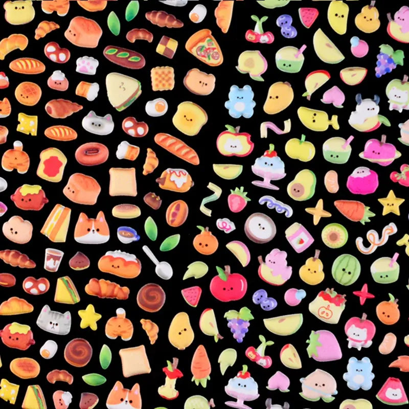 Close-up of 3D puffy stickers featuring cute bread, pastries, and cartoon animals, self-adhesive PVC epoxy stickers