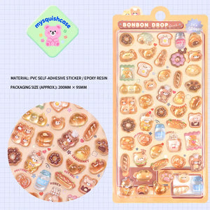 Product display of bread pet themed "BONBON DROP" 3D crystal puffy sticker sheet, including material (PVC/epoxy resin) and packaging size (200mm×95mm), cute kawaii bear and bread stickers for planner and DIY craft decoration