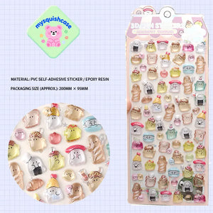 Product display of bread pet themed 3D crystal puffy sticker sheet, including material (PVC/epoxy resin) and packaging size (200mm×95mm), cute kawaii bread and pet stickers for planner and DIY craft decoration