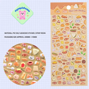 Product display of bread themed 3D puffy sticker sheet, including material (PVC/epoxy resin) and packaging size (200mm×95mm), cute kawaii stickers for planner decoration