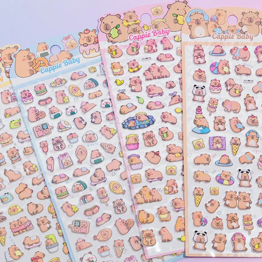 Close-up detail shot of 3D puffy Capybara stickers, highlighting cute capybara motifs with food and dessert elements, self-adhesive PVC stickers perfect for planners and scrapbooking