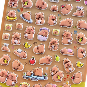 Collection of 3D puffy sticker sheets featuring cute Capybara (Cappie Baby) characters alongside rabbits and ducks, self-adhesive PVC epoxy resin stickers for DIY crafts