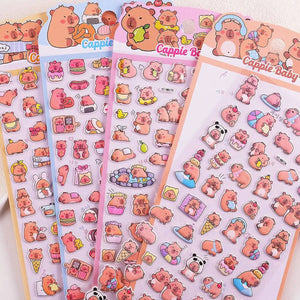 Multi-pack display of 3D puffy Capybara sticker sheets, showcasing cute cartoon capybara designs with food, relaxing, and playful scenes, self-adhesive epoxy PVC stickers