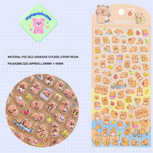 Product display of Capybara themed 3D puffy sticker sheet, including material (PVC self-adhesive/epoxy resin) and packaging size (200mm × 95mm), cute kawaii stickers for DIY phone case