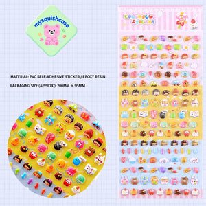 Product display of cartoon character themed 3D puffy sticker sheet, including material (PVC/epoxy resin) and packaging size, cute kawaii stickers for DIY phone case and scrapbooking