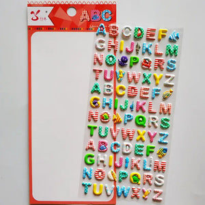 Product display of colorful 3D alphabet stickers, showing material (PVC/epoxy resin) and packaging details, ideal for e-commerce listing.