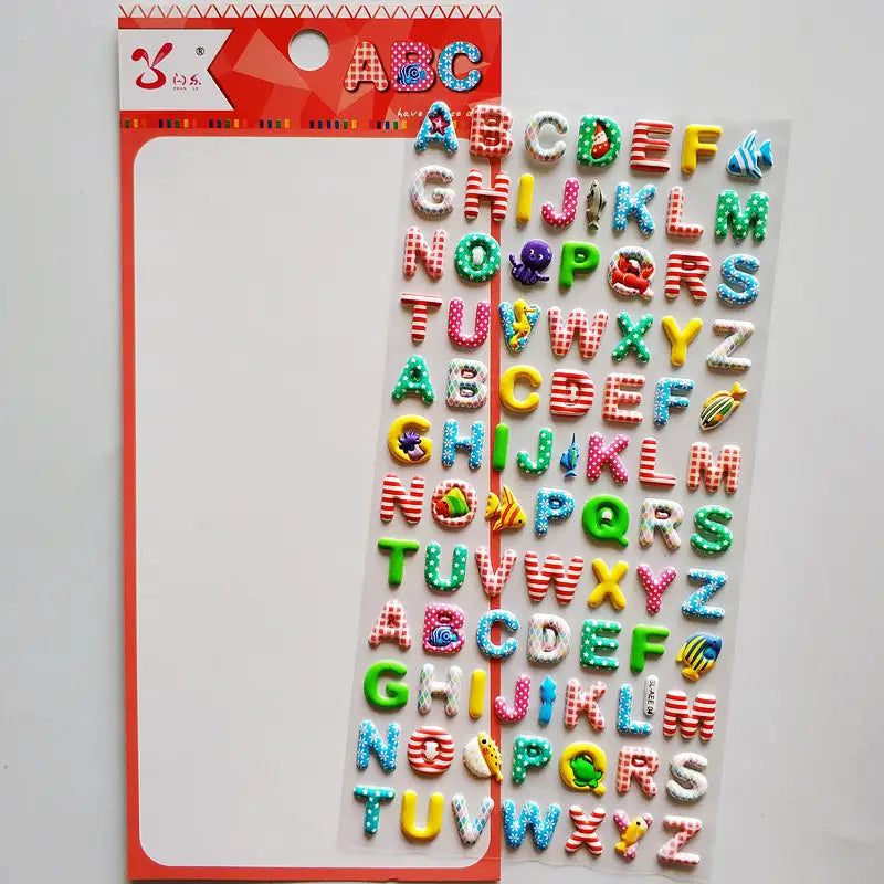 Product display of colorful 3D alphabet stickers, showing material (PVC/epoxy resin) and packaging details, ideal for e-commerce listing.