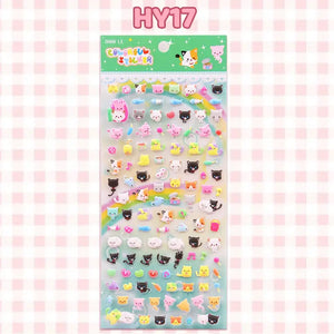 Display of "Colorful Sticker" 3D puffy cat paradise stickers (model HY17), featuring various cute cat designs with rainbow background.