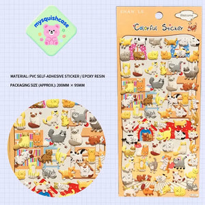 Product info sheet for "Colorful Sticker" cat paradise 3D stickers, showing material (PVC/epoxy resin), packaging size, and cute cat designs.