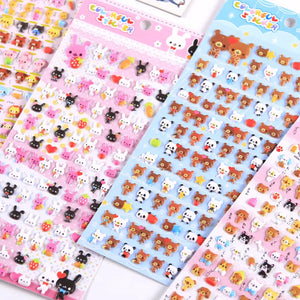 Collection display of 3 COLORFUL STICKER 3D bubble sticker sheets (rabbit, bear, panda), cute animal designs