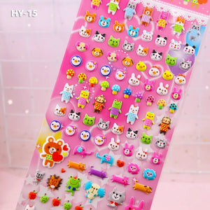 Display of "Colorful Sticker" 3D puffy cute pet paradise stickers (model HY-15), featuring adorable bear, rabbit, cat, and small animal designs.
