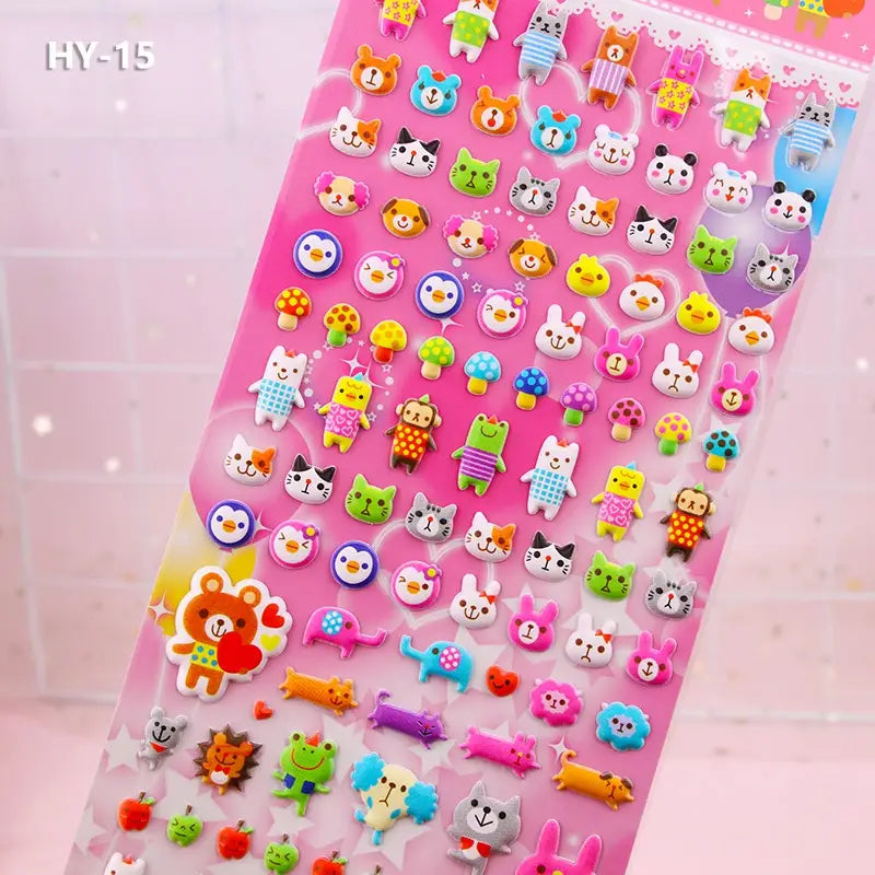Display of "Colorful Sticker" 3D puffy cute pet paradise stickers (model HY-15), featuring adorable bear, rabbit, cat, and small animal designs.