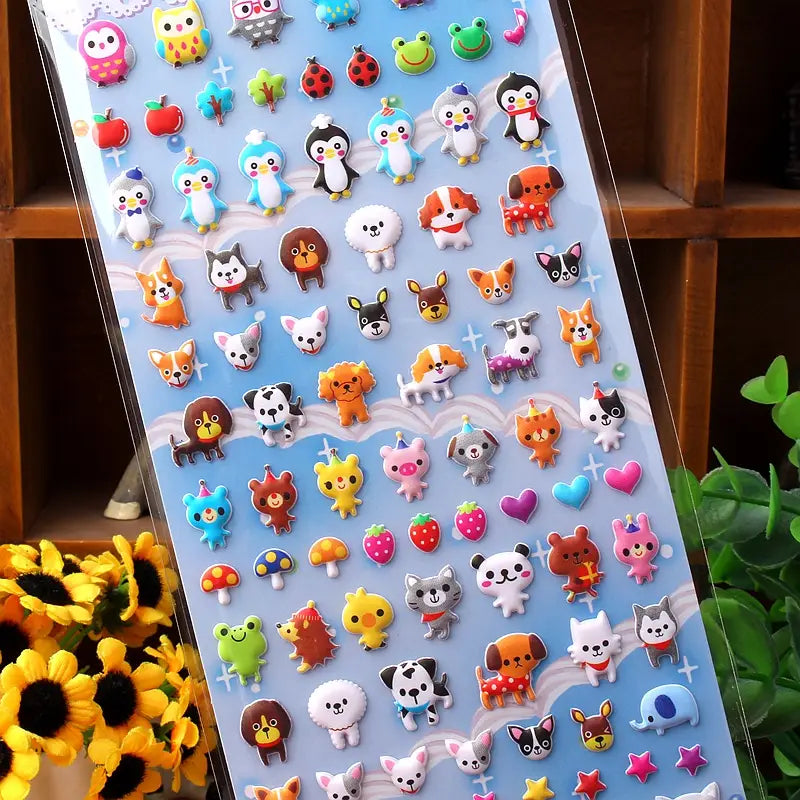 Display of "Colorful Sticker" 3D puffy cute pet paradise stickers, featuring adorable dogs, cats, penguins, and small animal designs.