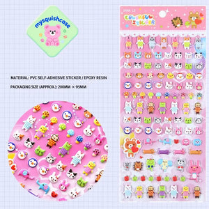 Product info sheet for "Colorful Sticker" cute pet paradise 3D stickers (HY-15), showing material (PVC/epoxy resin), packaging size, and sticker details.