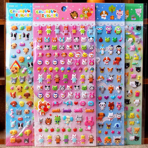 Display of multi-theme "Colorful Sticker" 3D puffy animal sticker set, featuring cute zoo, pet, and cartoon character designs.
