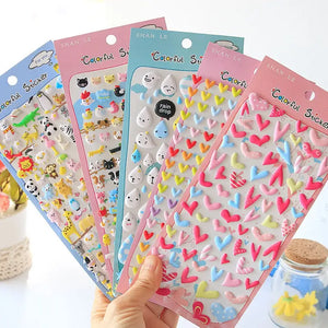 Display of multi-theme "Colorful Sticker" 3D puffy sticker bundle, including zoo animals, raindrops, and colorful heart designs.
