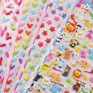 Display of multi-theme "Colorful Sticker" 3D puffy sticker set, including heart, star, and zoo animal designs.