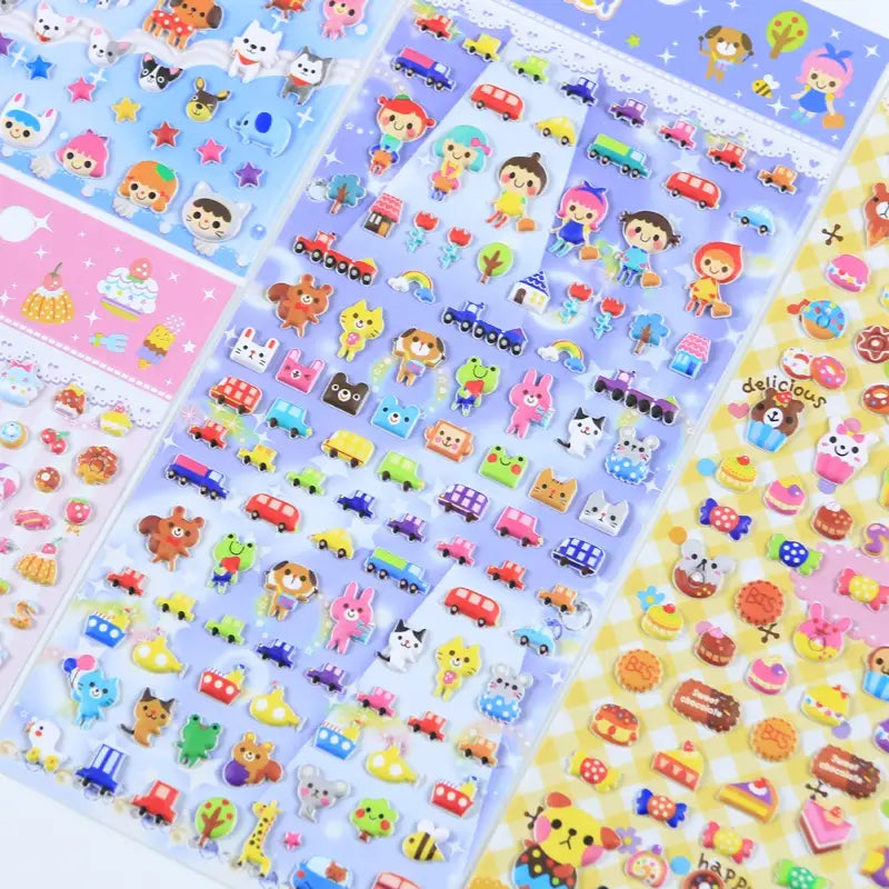 Display of multi-theme "Colorful Sticker" 3D puffy sticker set, including city traffic, animal, and sweet designs.