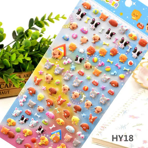 Display of "Colorful Sticker" 3D puffy pet paradise stickers, featuring cute dog, cat, and small animal designs.
