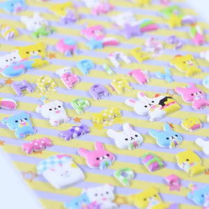 Close-up of "Colorful Sticker" 3D puffy rabbit and bear stickers, showing detailed cute animal and alphabet designs.