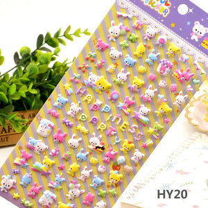 Display of "Colorful Sticker" 3D puffy rabbit and bear stickers, featuring cute pastel-colored animal and letter designs.