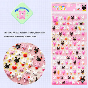 COLORFUL STICKER 3D bubble sticker sheet with cute rabbit patterns (black/white/pink), strawberry/carrot elements, PVC self-adhesive, size 200×95mm