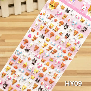 Display of "Colorful Sticker" 3D puffy Shiba Inu cute pet stickers (model HY09), featuring adorable Shiba Inu, cat, and small animal designs.