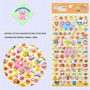 Product info sheet for "Colorful Sticker" sweet & animal 3D stickers, showing material (PVC/epoxy resin), packaging size, and sticker details.