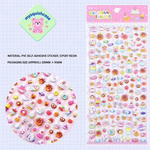 Product info sheet for "Colorful Sticker" sweet paradise 3D stickers, showing material (PVC/epoxy resin), packaging size, and detailed dessert sticker designs.