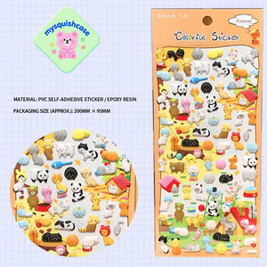 Product info sheet for "Colorful Sticker" zoo animal 3D stickers, showing material (PVC/epoxy resin), packaging size, and cute animal designs.