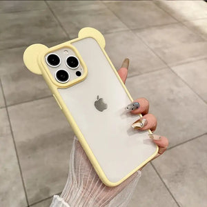 Clear DIY phone case for iPhone with cream yellow bear ear frame and frosted back panel, featuring raised camera protection, ideal for sticker decoration.
