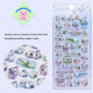 3D crystal epoxy sticker sheet with "ENAKA float" text, featuring penguin & sea creature patterns, PVC self-adhesive, size 200×95mm