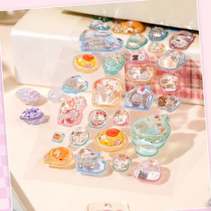 Application scene display of crystal epoxy stickers on photo frame, phone case & stationery, showing decorative effect