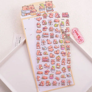 Single sheet of 3D puffy stickers featuring cute Capybara (Cappie Baby) characters in various daily and dessert poses, self-adhesive PVC epoxy resin stickers for DIY crafts and phone case decoration