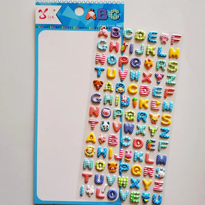 Product display of cute cartoon animal-themed 3D alphabet stickers, showing material (PVC/epoxy resin) and packaging size (200×95mm).
