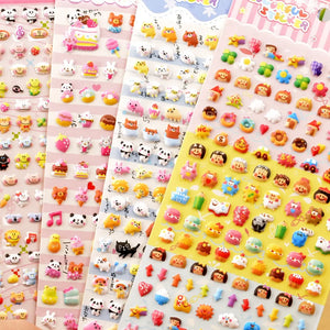 Collection of 3D puffy sticker sheets with cute cartoon characters, animals, and sweet treats, self-adhesive PVC epoxy stickers for DIY crafts and planner decoration