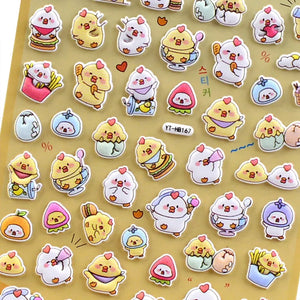 Close-up of 3D puffy chick stickers, featuring cute cartoon chicks with food and playful elements, self-adhesive PVC epoxy stickers