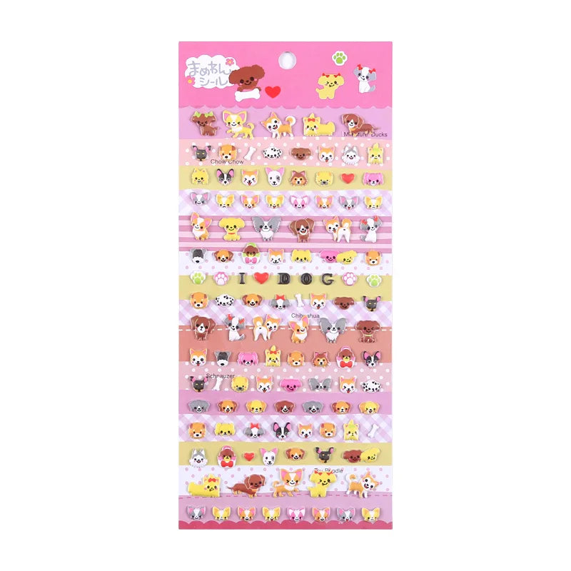 Full sheet display of 3D puffy stickers with adorable dog breed designs (Chihuahua, Schnauzer, etc.), self-adhesive epoxy PVC stickers