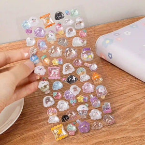 Cute kawaii sticker sheet with glossy jelly-style pastel ghost and snack character designs, perfect for DIY phone case decoration.