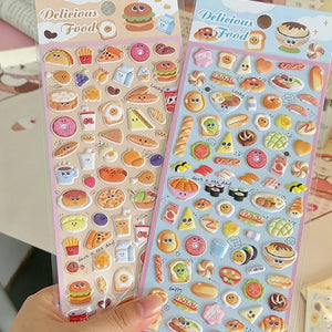 Full sheet display of 3D puffy "Delicious Food" stickers with adorable western and bakery snack designs, self-adhesive epoxy PVC stickers