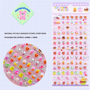 Product display of dessert and animal themed 3D puffy sticker sheet, including material (PVC/epoxy resin) and packaging size, cute stickers for DIY phone case and scrapbooking
