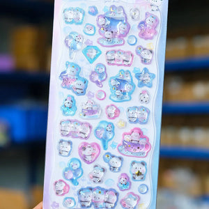 Handheld display of 3D crystal puffy sticker sheets with cute dreamy panda and star designs, in pastel blue and purple color schemes
